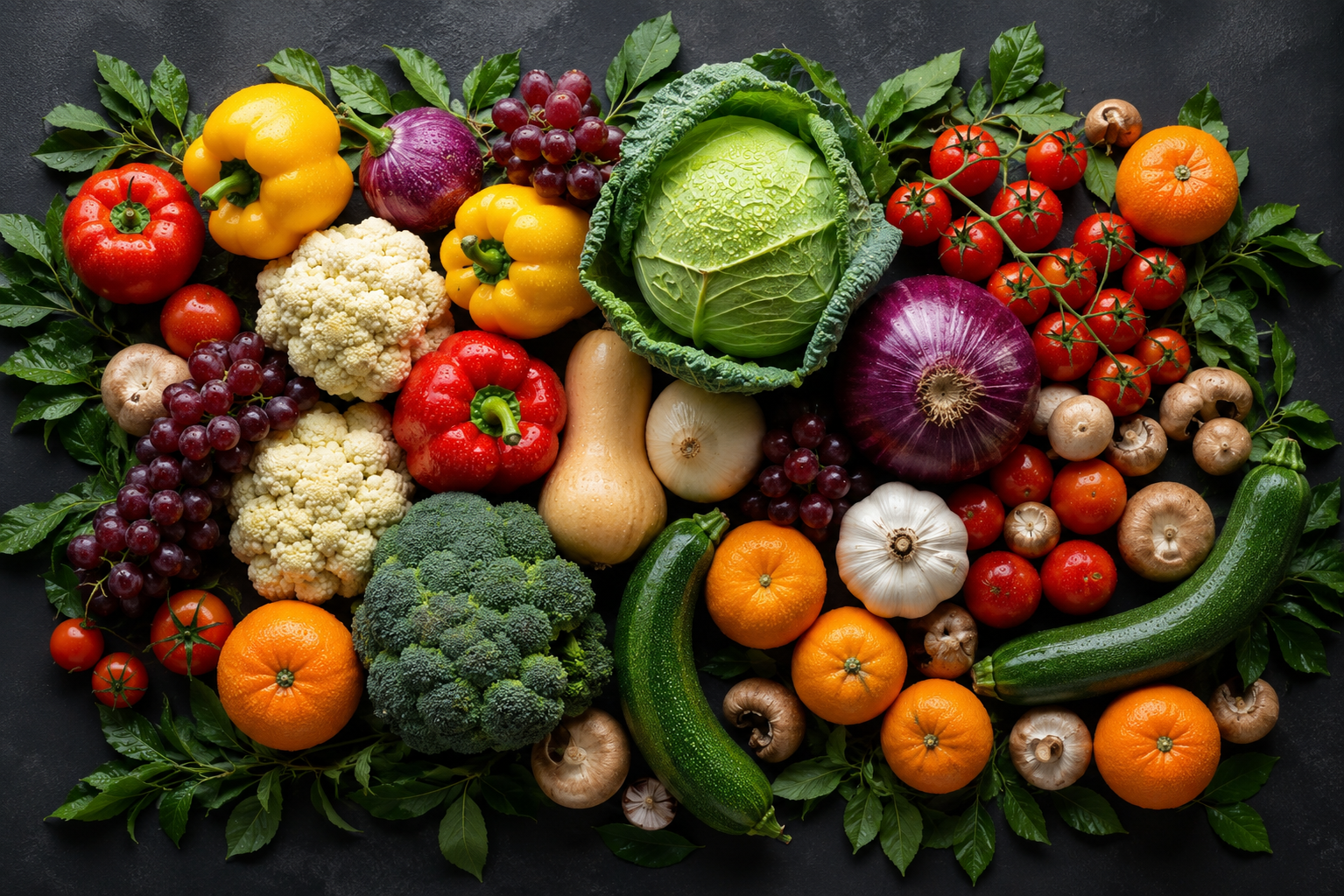 Fresh fruits and vegetables arranged for market supply